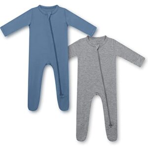 HAPIU Bamboo Baby Footed Pajama, 2-Pack, Light Heather Grey&Moonlight Blue, 6-12 Months