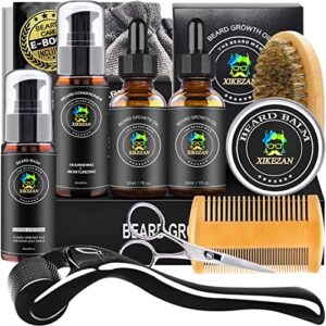 XIKEZAN Beard Growth Kit,w/Beard Roller,Beard Growth Oil,Balm,Comb,Brush,Hair Removal Razor Strops Scissor,Bag,EBook,Beard Care Grooming Kit Christmas Stocking Stuffers Gifts for Men Him Husband