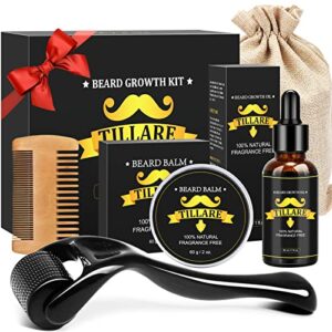 Beard Growth Kit - Derma Roller for Beard Growth - Beard Roller Kit with Beard Growth Oil, Beard Roller, Beard Balm, Beard Comb - Stocking stuffers for Men, Christmas Gifts for Men Husband Dad Boyfriend Cousin Friends