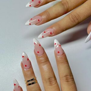 24 Pcs Valentines Press on Nails Medium Almond Fake Nails Set French Full Cover False Nails Heart Press on Nails Stiletto Nail Tips Glossy Glue on Nails Acrylic Artificial Stick on Nails for Women