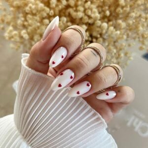 24Pcs Valentine's Day Milky White Press on Nails Medium Almond Fake Nails with Red Heart Design False Nails Valentines Day Cute Acrylic Stick Glue on Nails for Women Girlfriend Gift